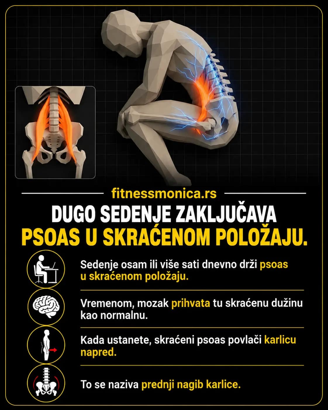 Dugo sedenje skraćuje i zateže psoas mišić i povlači karlicu napred