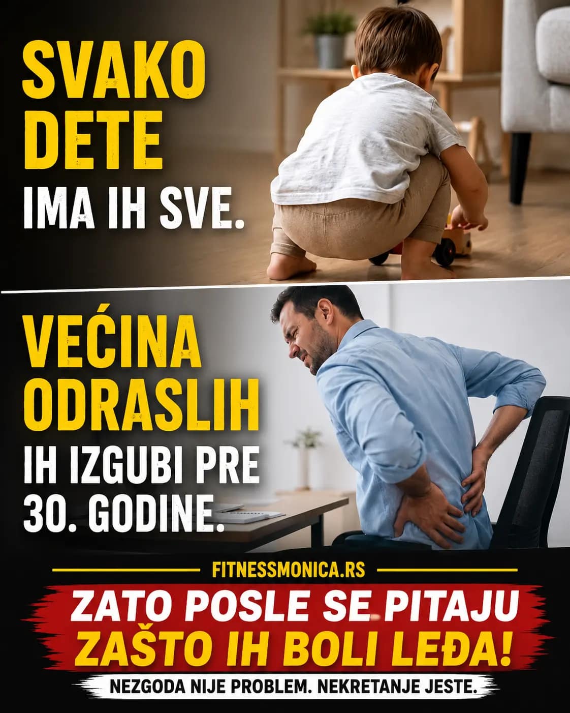 dete u dubokom cucnju i odrasla osoba sa bolom u ledjima zbog manjka pokretljivosti