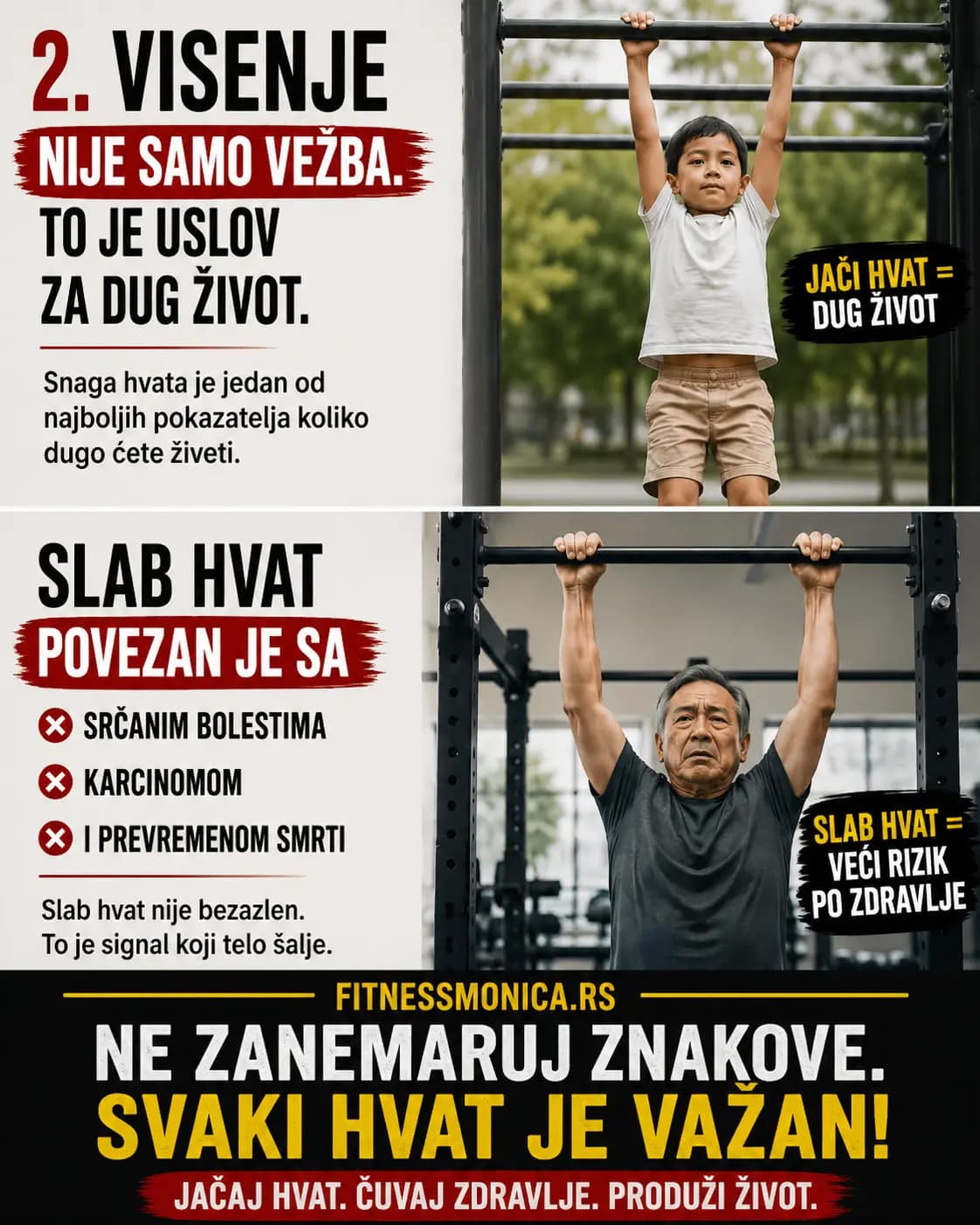 dete i stariji covek vise na sipki kao primer snage hvata i dugovecnosti