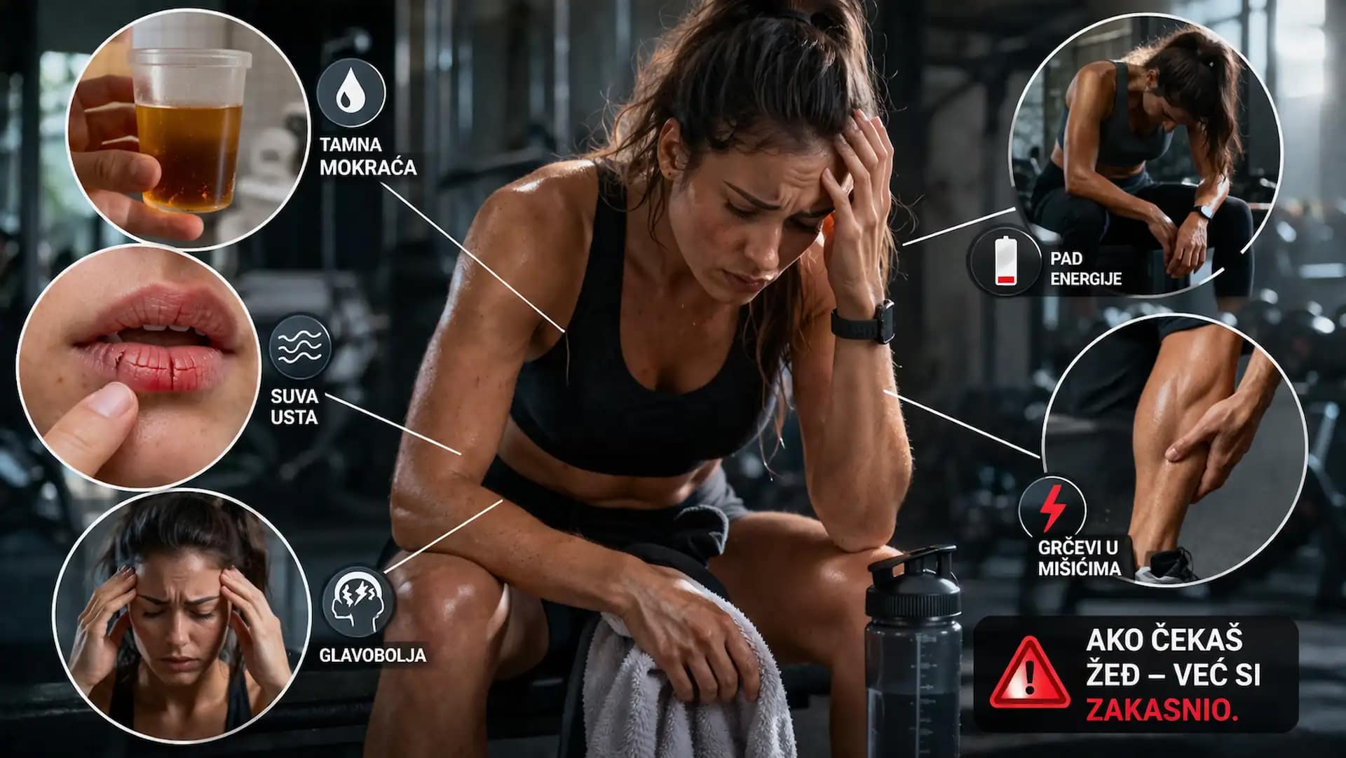 znakovi dehidratacije tokom treninga tamna mokraca suva usta glavobolja