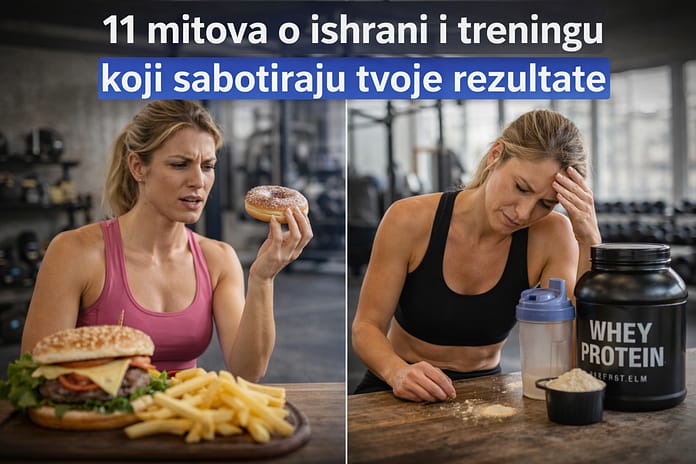 11 mitova o ishrani i treningu koji sabotiraju tvoje rezultate Mitovi o ishrani i treningu – žena u teretani poredi brzu hranu i suplemente koji mogu sabotirati rezultate