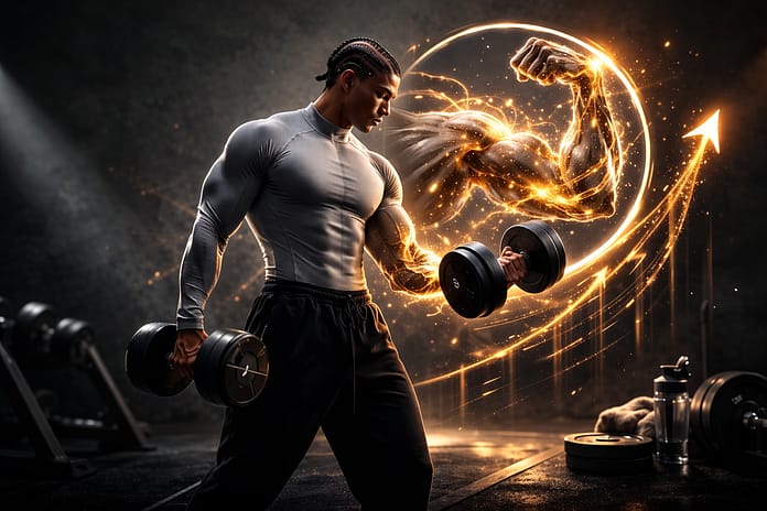 progresivno-opterecenje-rast-misica-fitnessmonica Progresivno opterećenje u treningu – sportista radi biceps pregib sa bučicama uz ilustraciju rasta mišića